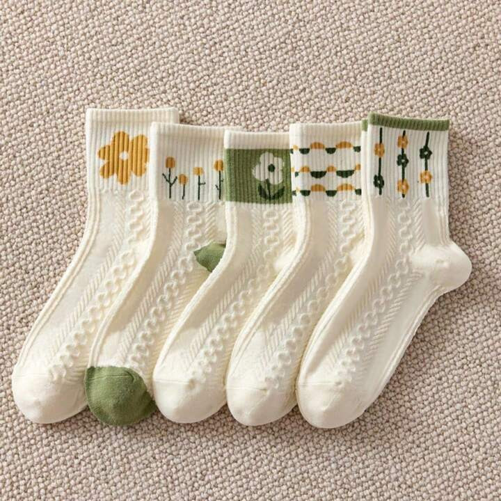 5pairs/set Ladies' Green Floral Casual Breathable Mid-calf Socks | SHEIN