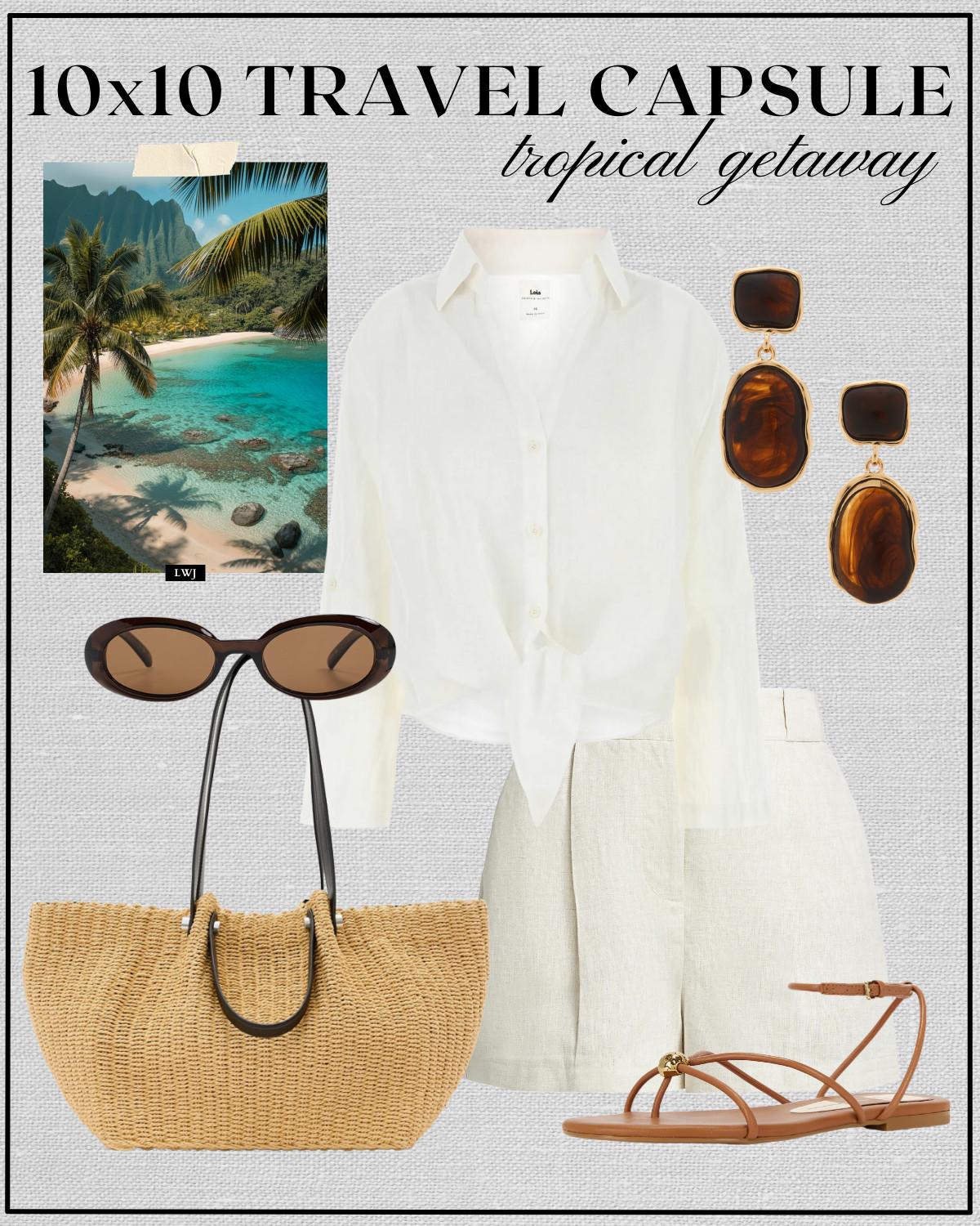 tropical getaway 

white linen top / beige tailored shorts / statement earrings / sunglasses / straw tote / strappy sandals / casual and elevated style  

 #LTKSeasonal #LTKTravel