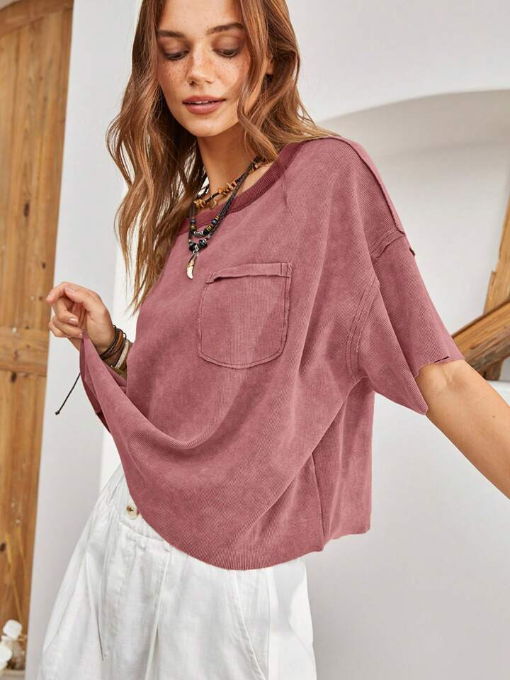 SHEIN BohoFeels Women's Round Neck Solid Color Drop Shoulder Sleeves T-Shirt | SHEIN