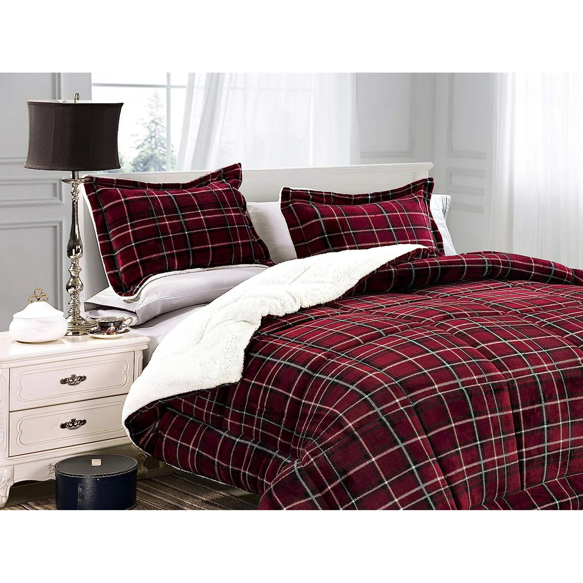 Soft & Cozy Heavy Weight Plaid Pattern 3PC Comforter Set - Micromink Sherpa-Backing, Reversible D... | Walmart (US)