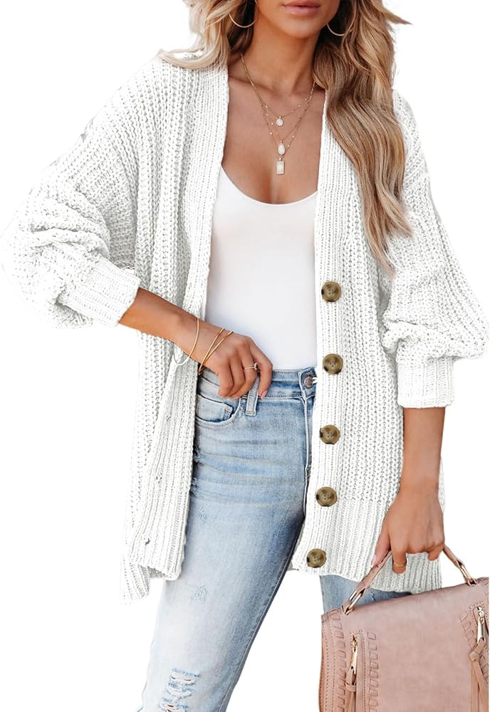 SHEWIN Womens Oversized Open Front Cardigan Sweaters Long Lantern Sleeve Button Knit Chunky Sweat... | Amazon (US)