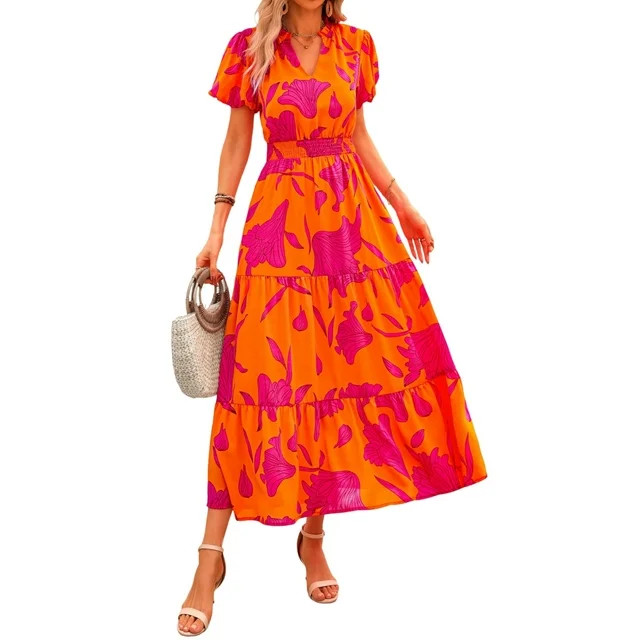 PRETTYGARDEN Summer Maxi Dress for Women Casual Wear To Work V Neck Puff Short Sleeve Smocked Ruf... | Walmart (US)