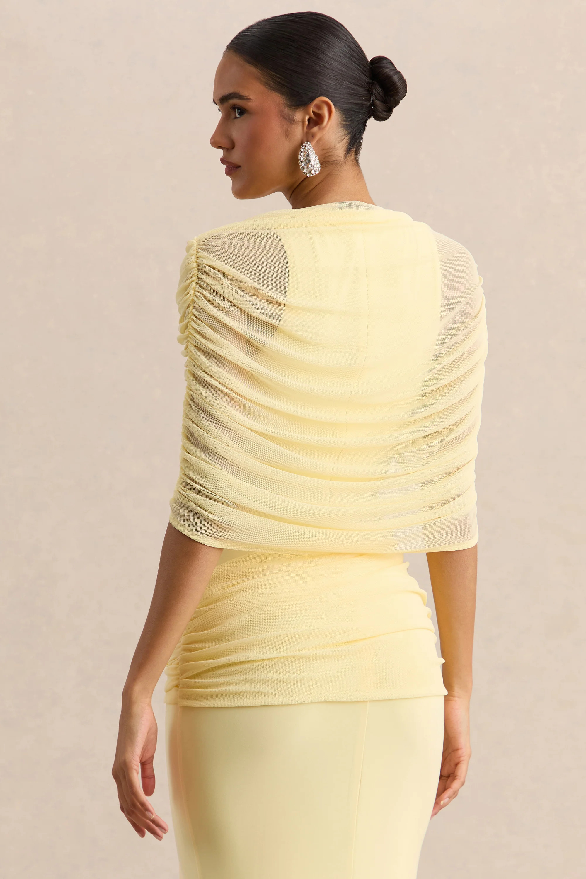 Mirene | Lemon Round-Neck Maxi-Dress With Gathered-Detailing And Sash | Club L London