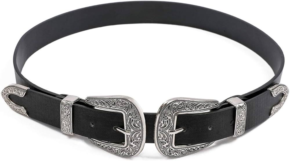 Double-Buckle Western Belts for Women, Vintage Design Leather Rhinestone Waist Belt with Western-... | Amazon (US)