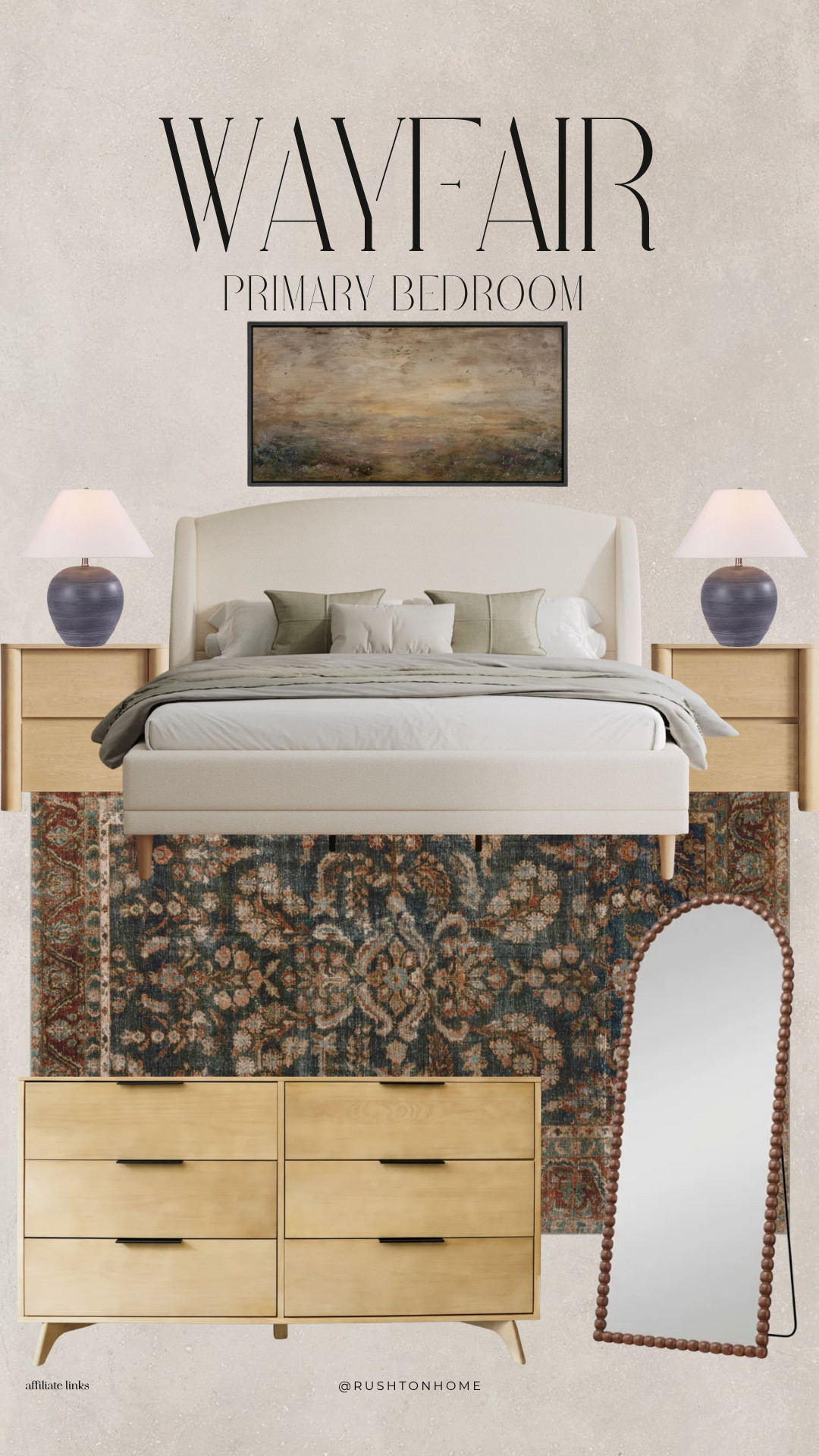 Wayfair Primary Bedroom, Wayfair bedroom furniture, primary bedroom design, upholstered bed frame, neutral bedroom decor, wood nightstands, bedroom lamps, vintage area rug, landscape wall art, wood dresser, full length mirror, bedroom makeover, traditional bedroom style, cozy bedroom inspiration, neutral home design, classic bedroom decor, affordable bedroom furniture, Wayfair finds, warm neutral bedroom, designer bedroom look, bedroom styling ideas 

 #LTKHome
