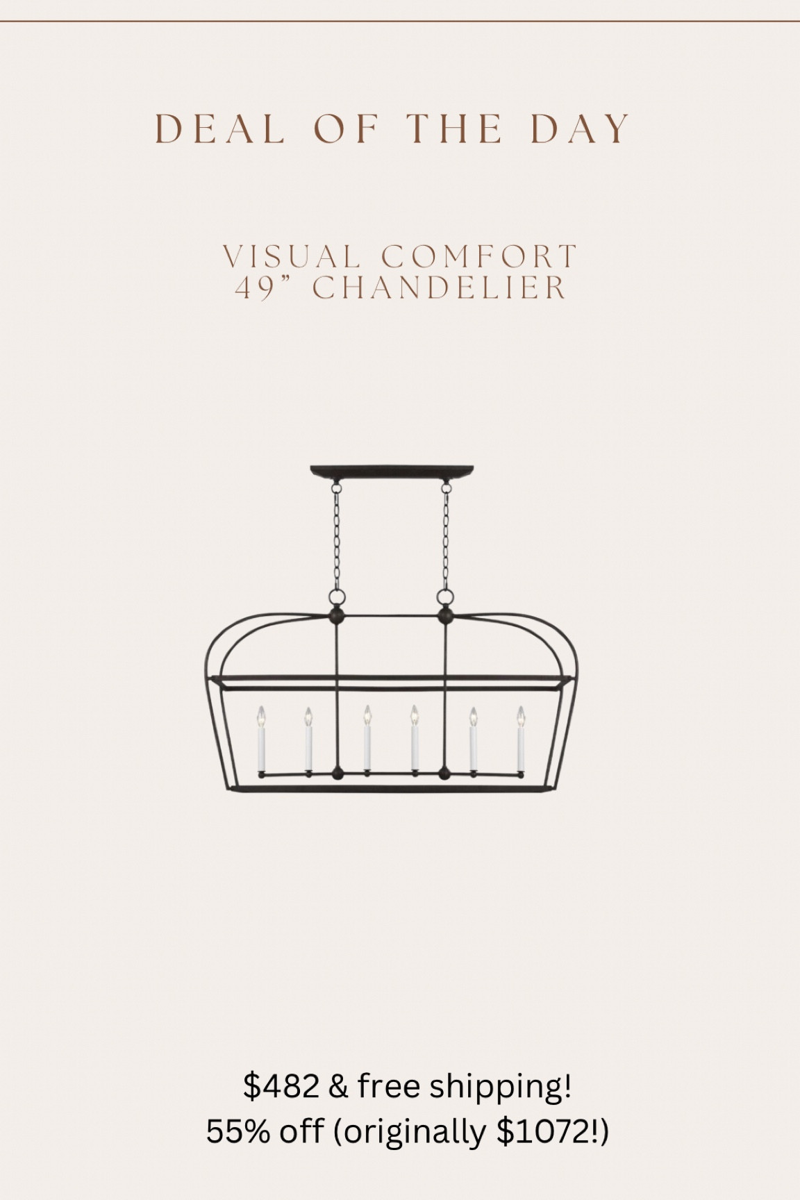 This beautiful visual comfort 49” linear chandelier is 55% off right now & free shipping! Limited time sale. Would look great over dining table or kitchen island 