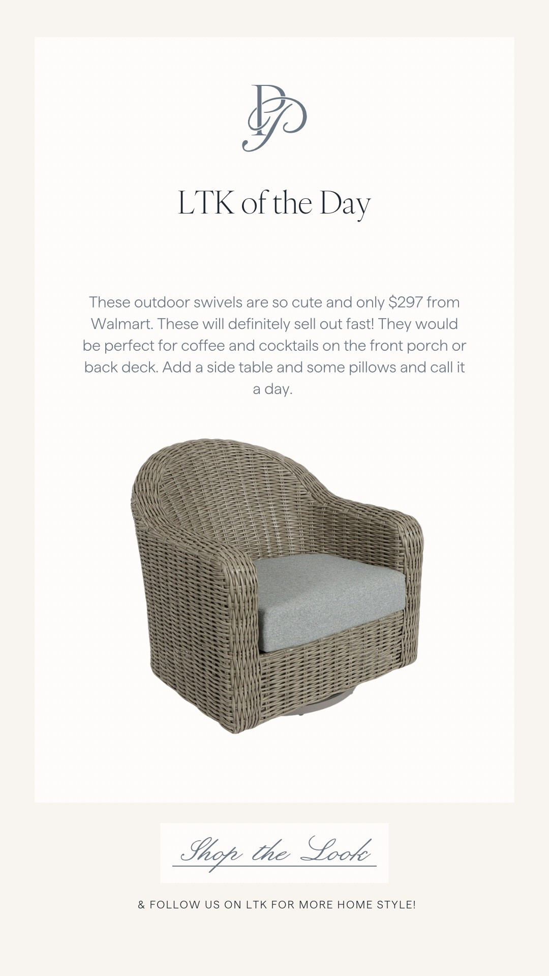 These outdoor swivels are so cute and only $297 from Walmart. These will definitely sell out fast! They would be perfect for coffee and cocktails on the front porch or back deck. Add a side table and some pillows and call it a day. 



#LTKSeasonal #LTKHome #LTKSpringSale