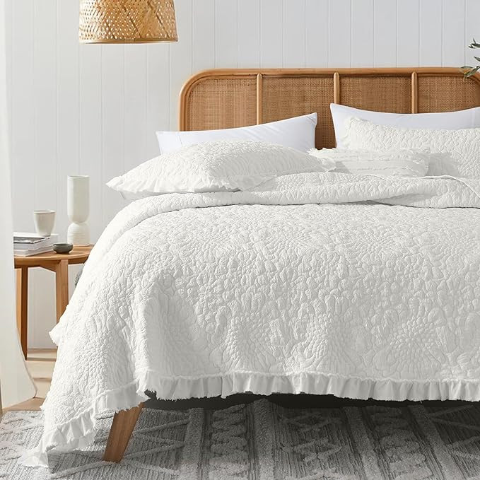 HORIMOTE HOME Cream White Ruffled Quilt King Size, Stone-Washed Microfiber Lightweight Crinkled F... | Amazon (US)