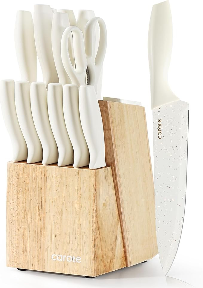 CAROTE 15Piece Knife Set, Kitchen Knife Block Set, Elegant White Ceramic-Coated Blades with Styli... | Amazon (US)
