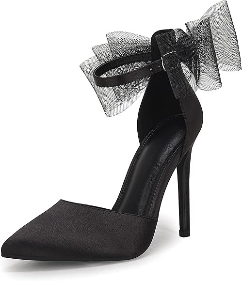 Coutgo Women's Closed Pointed Toe High Heels with Bow Knot Ankle Strap Satin Stiletto Pumps | Amazon (US)