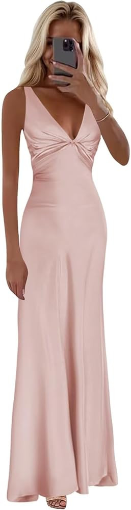 Satin Black Prom Dresses for Women Corset V Neck Long Halter Evening Dress | Amazon (US)