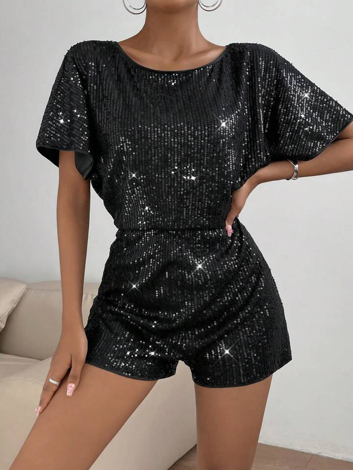 SHEIN Unity Batwing Sleeve Keyhole Back Sequin Romper | SHEIN