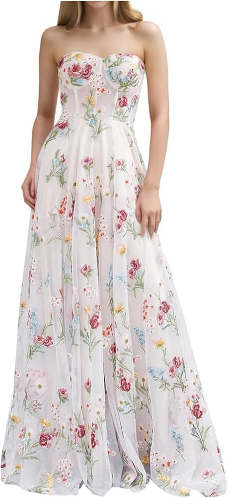 Floral Tulle Prom Dresses Long Strapless Corset Formal Dress A Line Embroidery Evening Party Gown... | Amazon (US)