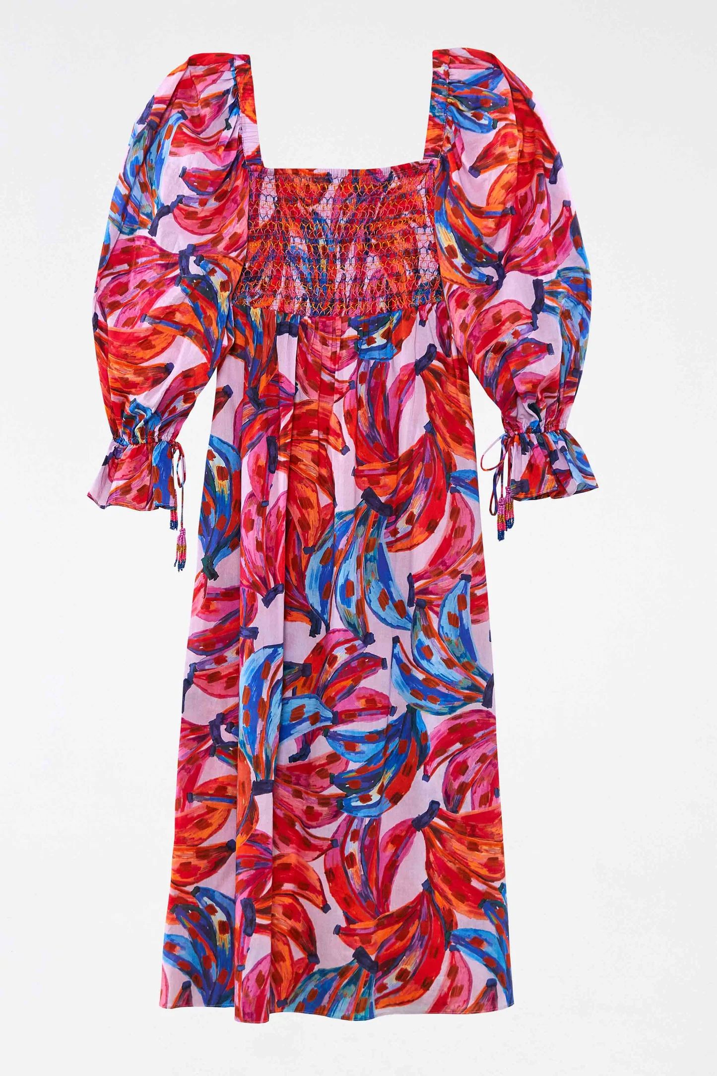 Puff Sleeve MAXI DRESS | Colorful Bananas Print | FarmRio