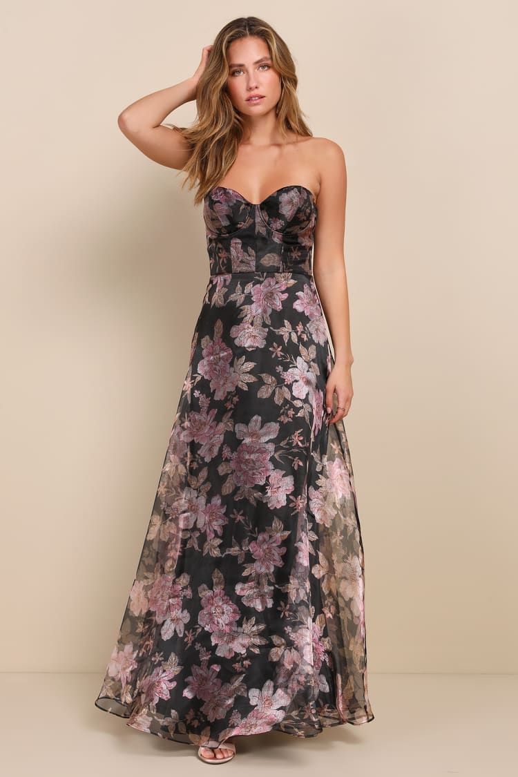 Exclusive Glamour Black Floral Organza Strapless Maxi Dress | Lulus