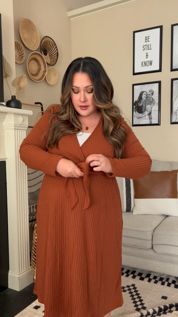 The perfect amazon dress for thanksgiving! Love the ribbed knit and v neck is ideal for nursing mamas! Wearing an XL - true to size- in this sweater dress. 

#LTKworkwear #LTKfindsunder50 #LTKSeasonal