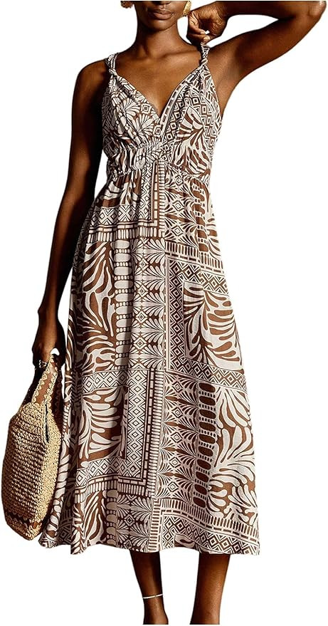 RoseSeek Women's Boho Maxi Dress Botanical Print A Line Flowy Dress Vacation Outfits Sundress | Amazon (US)
