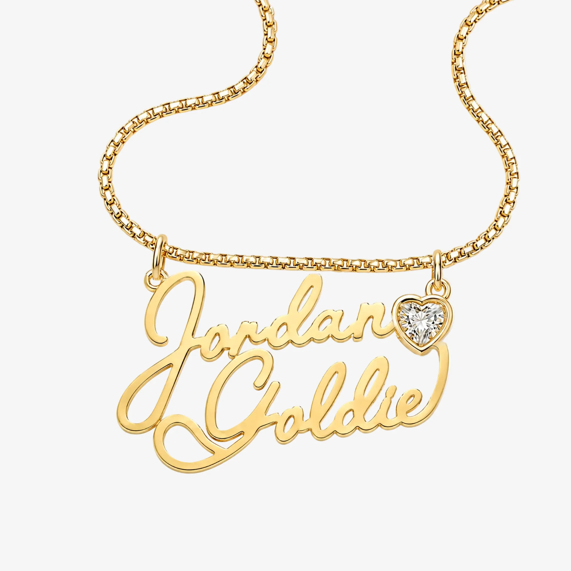 Love Letter Gold Script Two Name Necklace with Bezel Heart | Stephanie Gottlieb Fine Jewelry