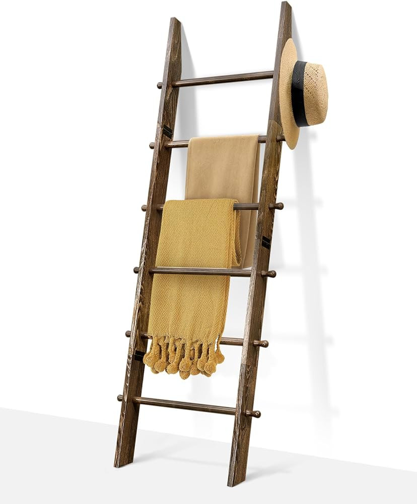 TEAKMAMA 6-Tier 5.4ft Blanket Ladder with Hanging Knobs Rustic Brown | Amazon (US)
