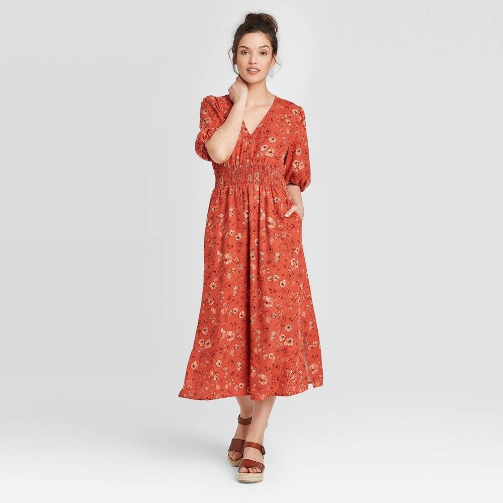 Women's Floral Print Puff Short Sleeve Dress - Universal Thread Red L | Target