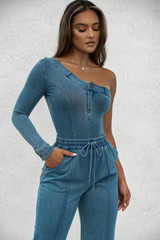 Medium Wash Button Me Up Bodysuit | JLUXLABEL