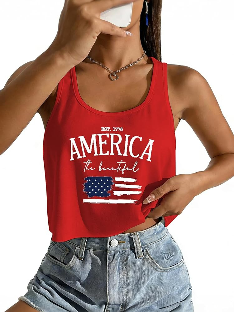 Women's Sexy American Flag Crop Tank 4th of July Patriotic Sleeveless Tee Tops | Amazon (US)