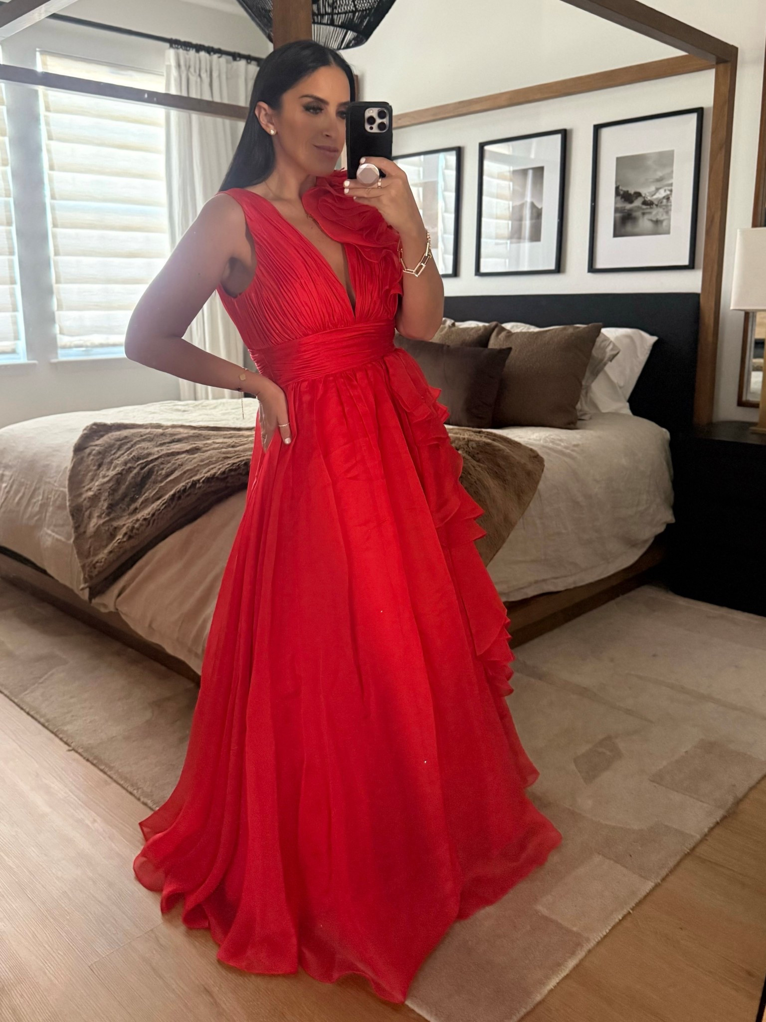 Ruffle Shoulder V-Neck Chiffon Gown wearing size 6