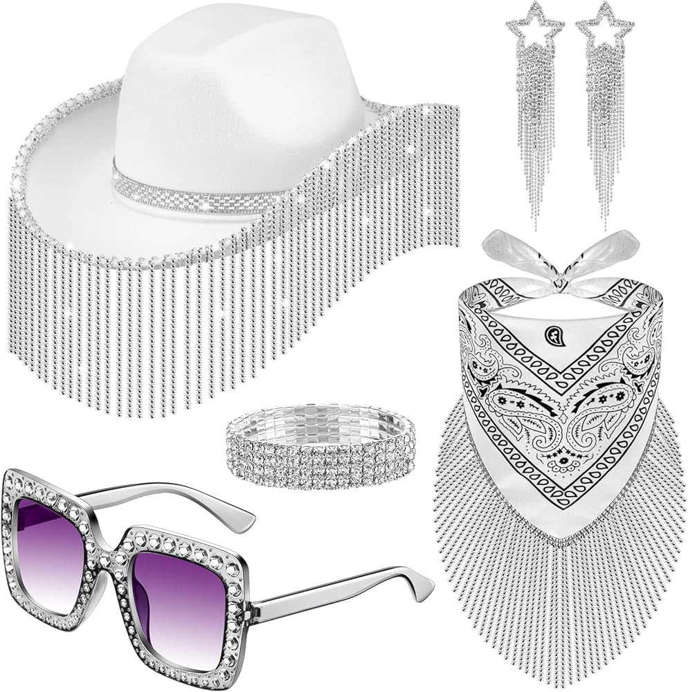 Set of 5 Cowgirl Hat Set Rhinestone Cowboy Hat with Bandana, Sunglasses, Bracelet and Tassel Earr... | Amazon (US)
