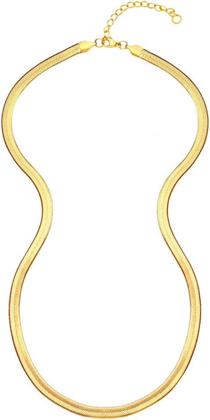 EMATU 18k Real Gold Plated Flat Snake Chain Herringbone Choker Necklace for Women (5MM,14"-22") | Amazon (US)