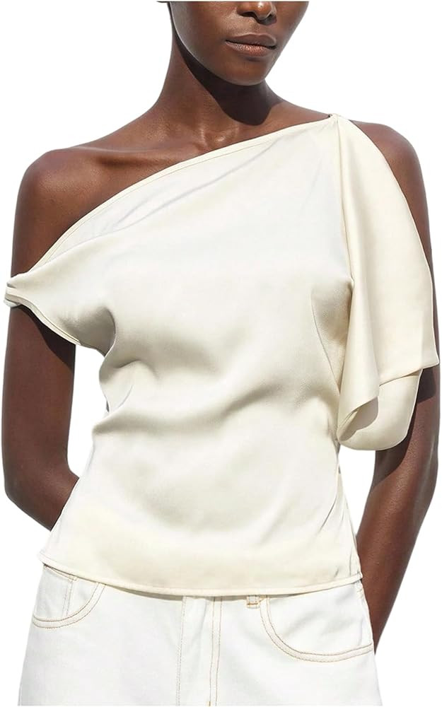 MakeMeChic Women's Satin One Shoulder Tank Top Sleeveless Tie Back Y2K Asymmetrical Tops | Amazon (US)
