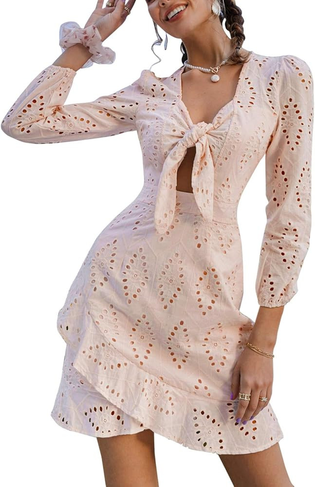 Conmoto Women's Sexy Long Sleeve Lace Ruffle Mini Dress Hollow Out Summer Dress | Amazon (US)