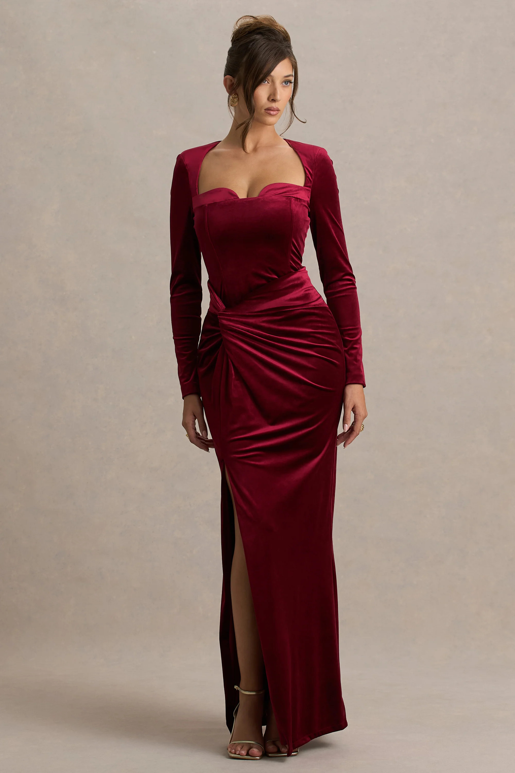 Fay  Berry Velvet Corset Style Knot Maxi Dress | Club L London