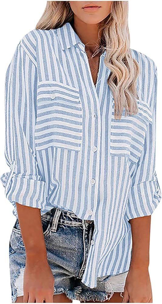 Womens Blouses 2023 Spring Fashion Long Sleeve Button Down Shirts Dressy Casual Business Work Pla... | Amazon (US)