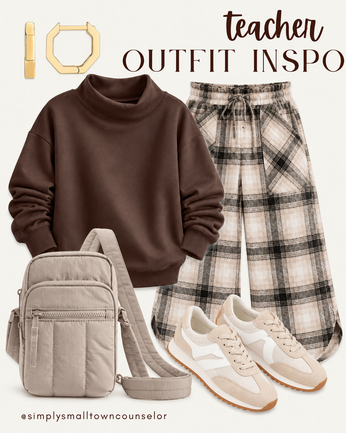 casual teacher outfit inspo 🤎 A cozy brown mock neck paired with plaid pants & neutral sneakers for a comfy classroom look! Add a crossbody bag & gold hoops, and you’re ready for a busy school day! 🍂 

 #LTKWorkwear