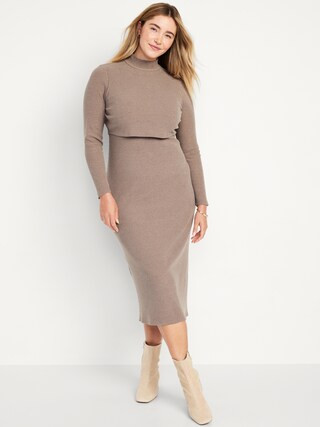 Maternity Mock Neck Double Layer Nursing Midi Dress | Old Navy (US)