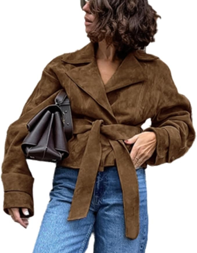 Suede Jacket Women Brown Belted Long Sleeve Lapel Button Down Cropped Faux Suede Jacket Women 202... | Amazon (US)
