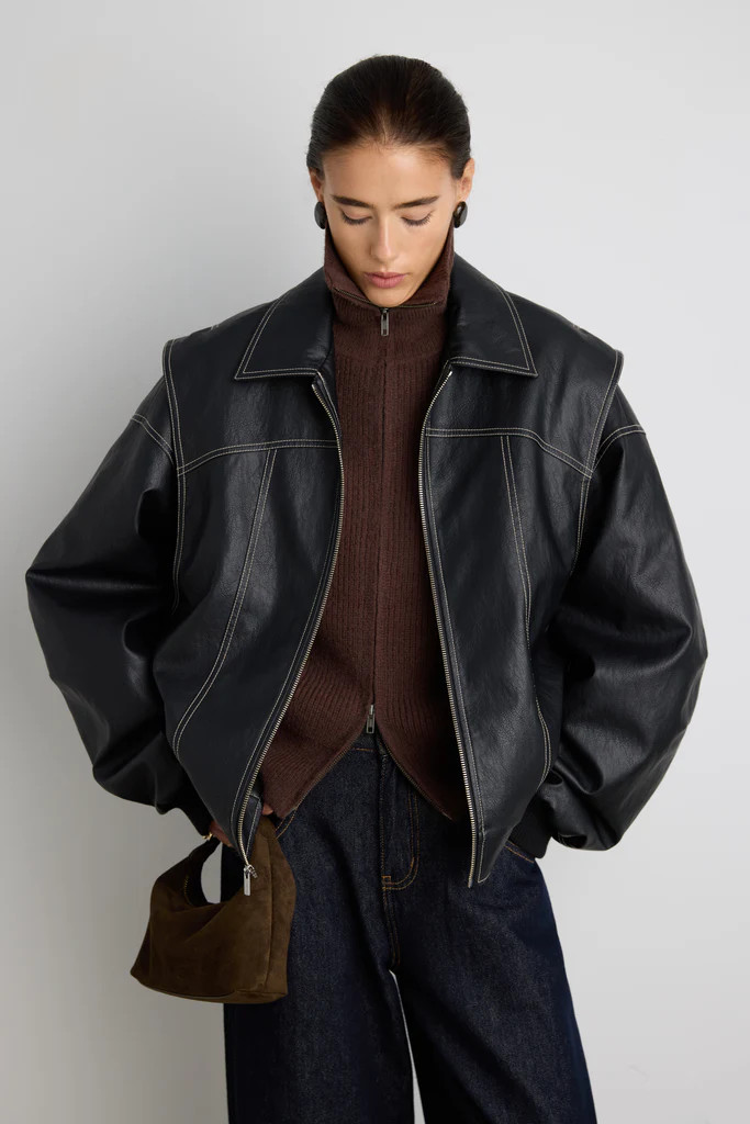 LAYERED DETAIL CONTRAST STITCH VEGAN LEATHER BOMBER | OAK + FORT