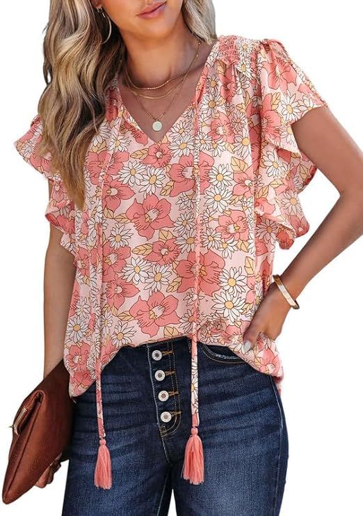 SHEWIN Womens Summer Tops Floral Short Sleeve V Neck Blouses for Women Dressy Casual Loose Shirts | Amazon (US)