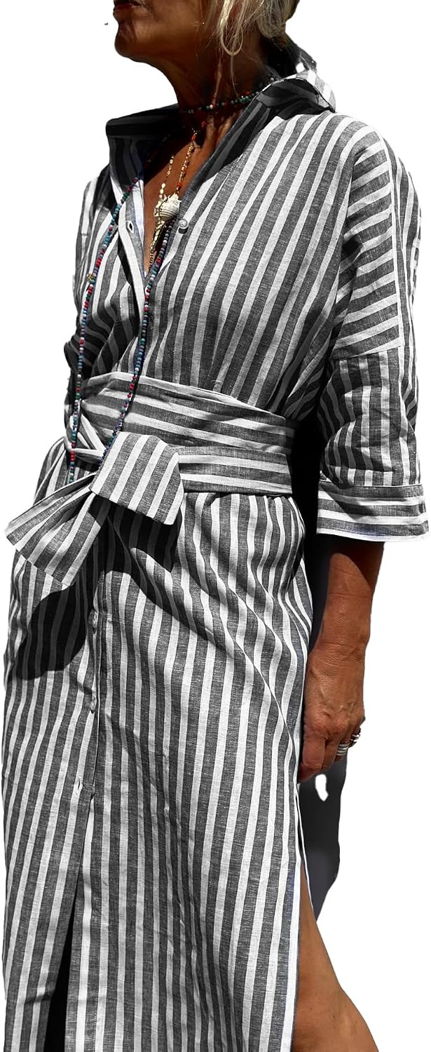 utcoco Womens 2026 Shirt Dress Casual Lapel 3/4 Sleeve Button Down Split Belted Vacation Maxi Dress | Amazon (US)