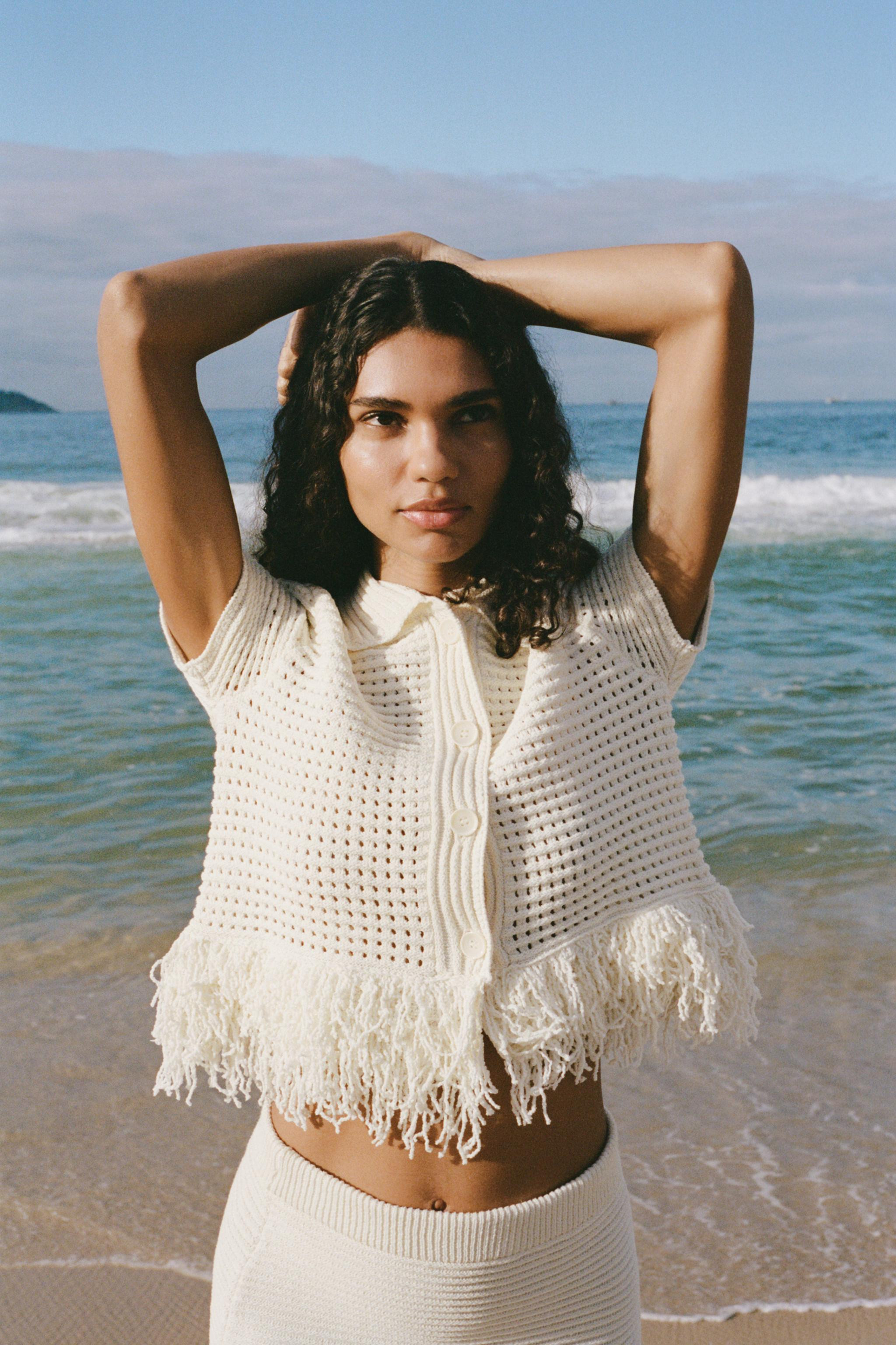 CHECKERED KNIT JACKET WITH FRINGE | Zara US