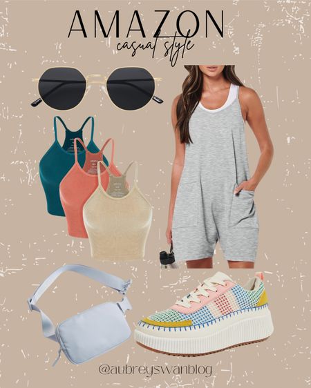 Casual style from Amazon! 

Amazon style, grey sleeveless romper, blue belt bag, retro sunglasses, long crop tanks, platform sneakers 