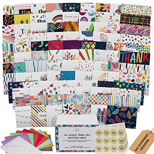 Dessie 100 Unique Thank You Cards Bulk - Blank Note Cards with 100 Different, Colorful, Designs ... | Dessie Shop