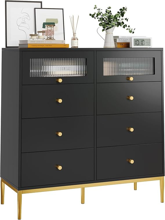 finetones Black Dresser, 8 Drawer Dresser Double Dresser for Bedroom with Fluted Glass Door and G... | Amazon (US)