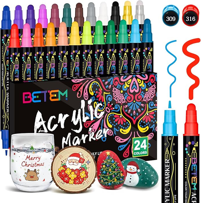 Betem 24 Colors Dual Tip Acrylic Paint Pens Markers, Premium Acrylic Paint Markers Stocking Stuff... | Amazon (US)