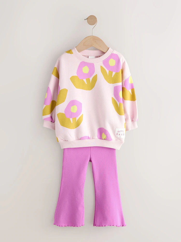 Light Pink Flowers Sweatshirt & Flare Leggings Set (3mths-7yrs) | Next US