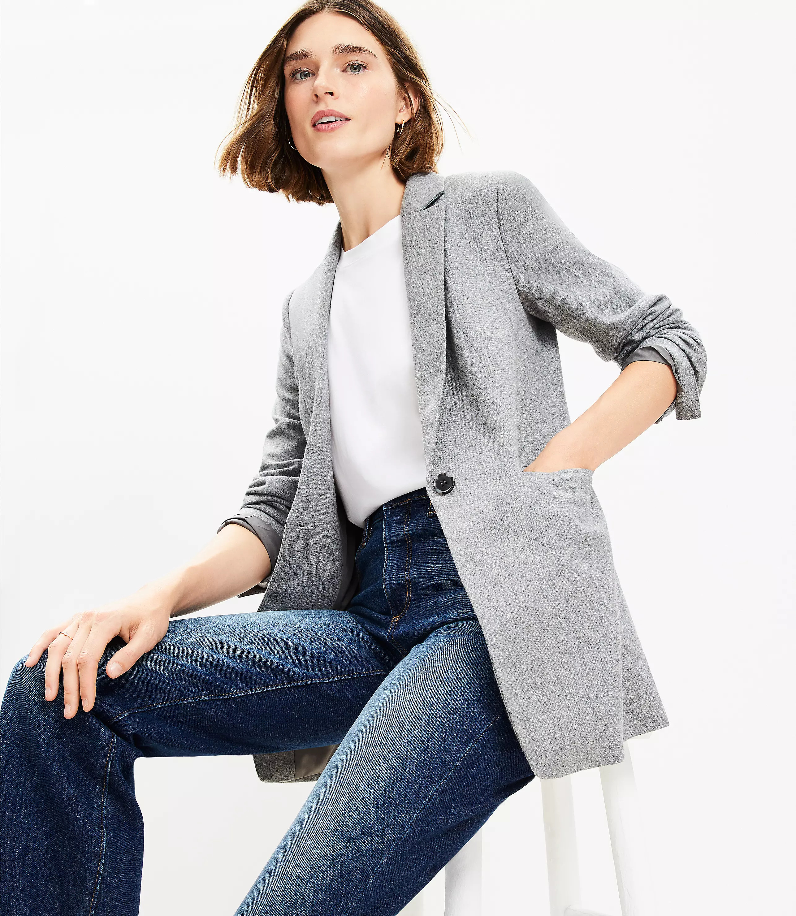 Wool Blend Long Modern Blazer | LOFT
