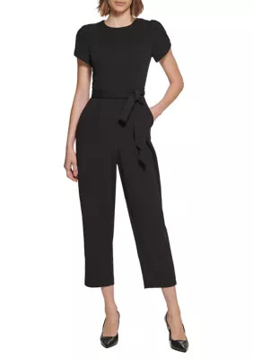 Calvin Klein Women's Short Sleeve Boat Neck Tie Waist Solid Jumpsuit | Belk