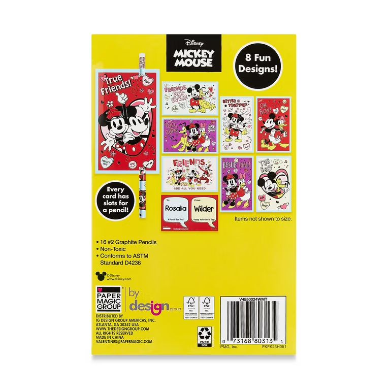 Mickey Mouse Valentine Exchange Cards with Bonus Pencils, Valentine's Day Kiddie Cards, Paper, 16... | Walmart (US)