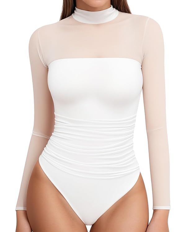 MANGOPOP Women's Mock Turtle Neck Bodysuit Mesh Long Sleeve Body Suit Sexy Ruched Sheer Going Out... | Amazon (US)