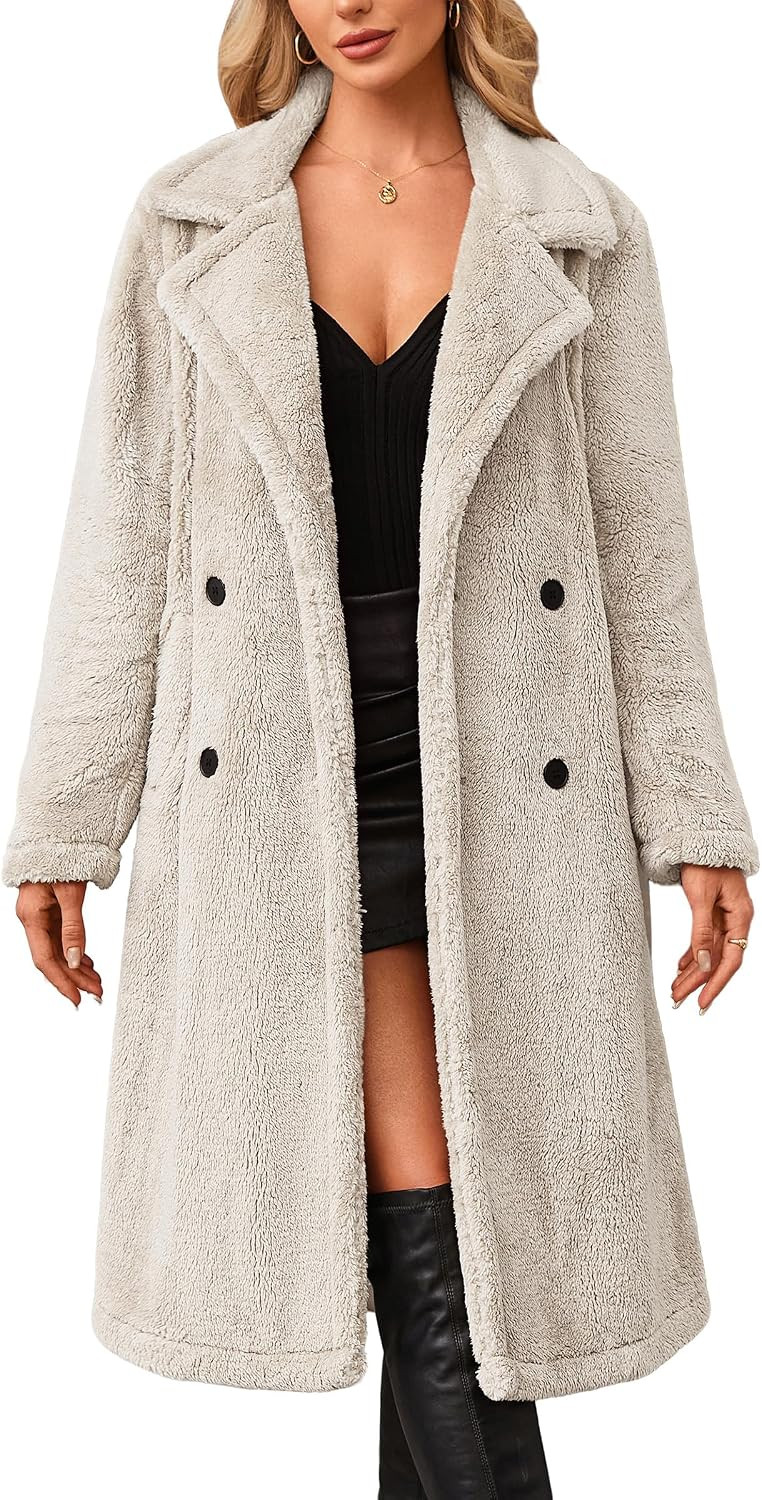 Angashion Women's Fuzzy Fleece Lapel Open Front Long Cardigan Coat Faux Fur Warm Winter Outwear Jackets | Amazon (US)